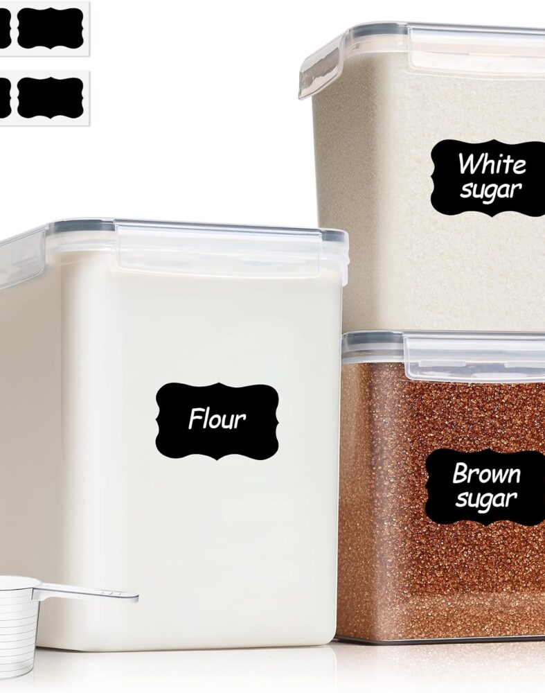 ComSaf Airtight Flour and Sugar Container 2.6Qt & 5.5Qt 3Pack, Wide Mouth | Plastic Food Storage Canister with Lid, Flour Sugar Cereal Rice Oats, Pantry Kitchen, Stackable Baking Supplies, Label, Scoop