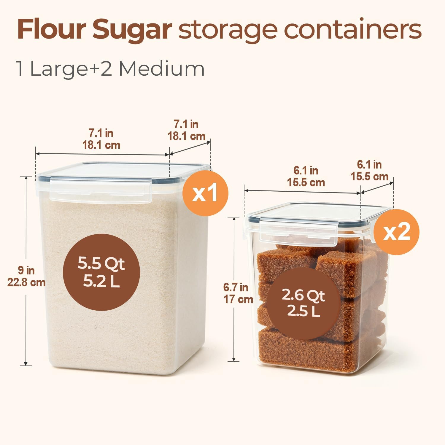 ComSaf Airtight Flour and Sugar Container 2.6Qt & 5.5Qt 3Pack, Wide Mouth | Plastic Food Storage Canister with Lid, Flour Sugar Cereal Rice Oats, Pantry Kitchen, Stackable Baking Supplies, Label, Scoop - Image 2
