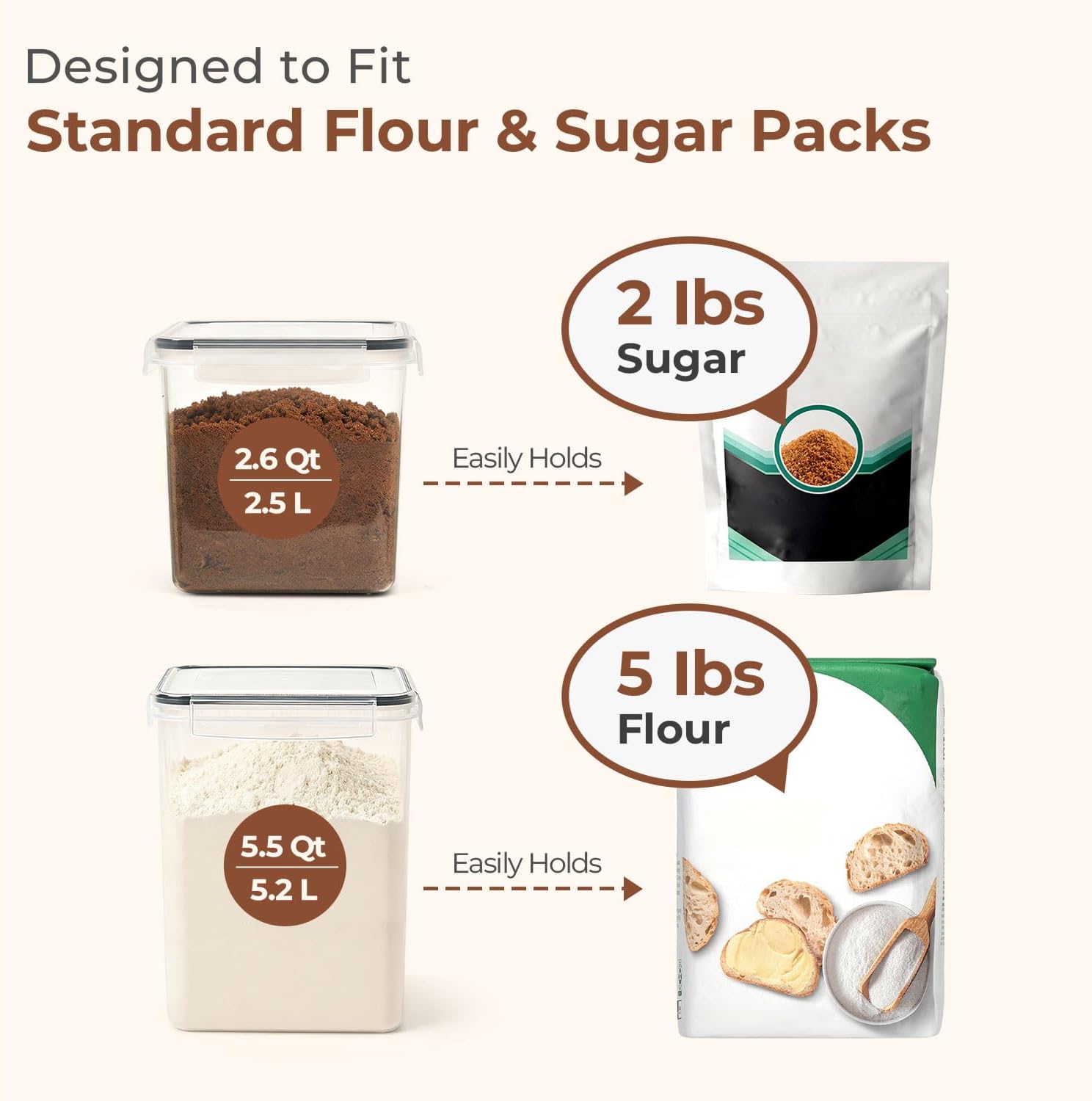 ComSaf Airtight Flour and Sugar Container 2.6Qt & 5.5Qt 3Pack, Wide Mouth | Plastic Food Storage Canister with Lid, Flour Sugar Cereal Rice Oats, Pantry Kitchen, Stackable Baking Supplies, Label, Scoop - Image 3