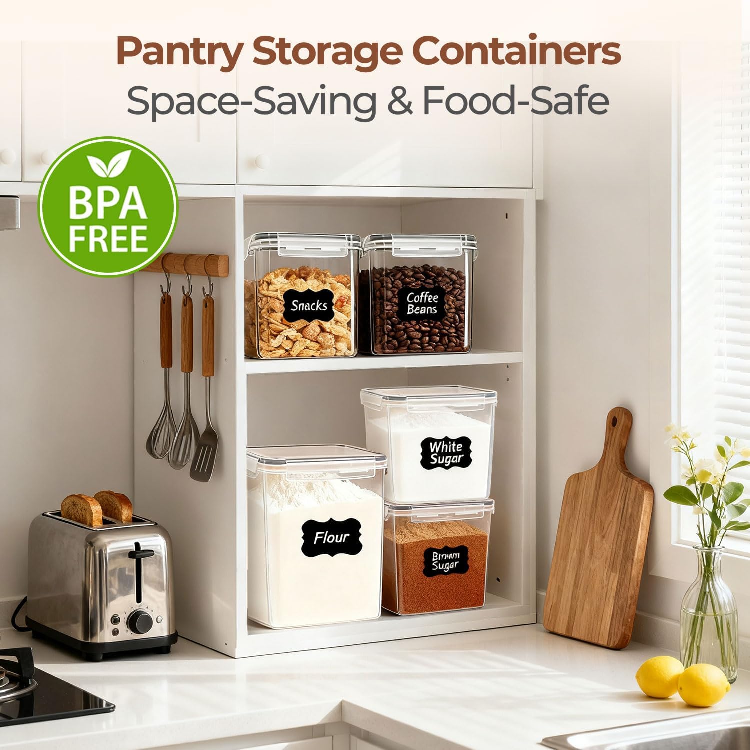 ComSaf Airtight Flour and Sugar Container 2.6Qt & 5.5Qt 3Pack, Wide Mouth | Plastic Food Storage Canister with Lid, Flour Sugar Cereal Rice Oats, Pantry Kitchen, Stackable Baking Supplies, Label, Scoop - Image 5