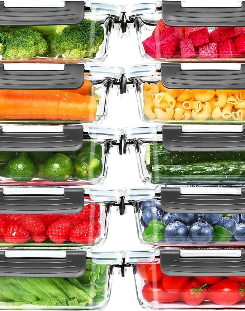Skroam 10 Pack Glass Meal Prep Containers, 22 OZ Glass Airtight Food Storage Containers with Lids, Pantry Kitchen Storage Containers for Lunch, Food Storage, Meal Prep, Lunch Bento Boxes
