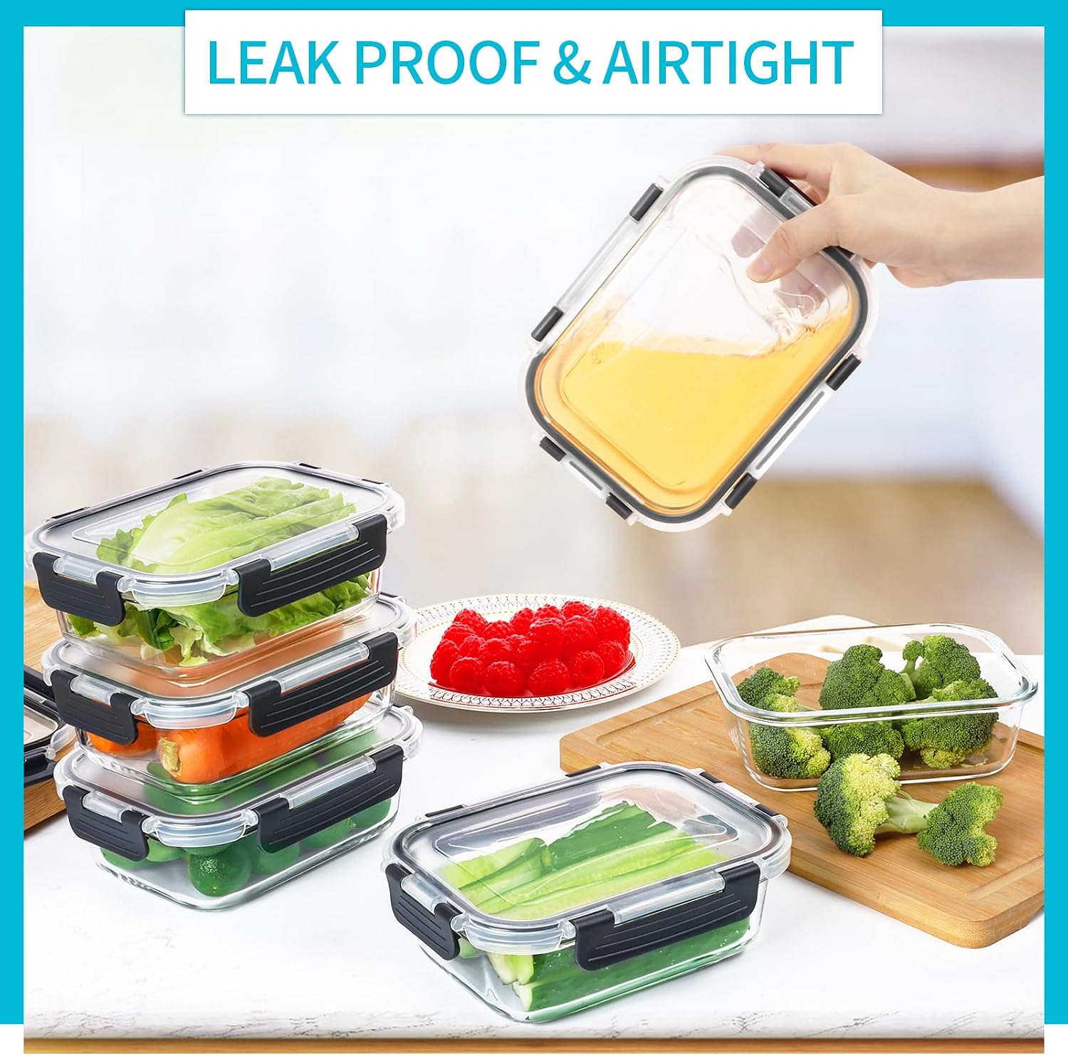 Skroam 10 Pack Glass Meal Prep Containers, 22 OZ Glass Airtight Food Storage Containers with Lids, Pantry Kitchen Storage Containers for Lunch, Food Storage, Meal Prep, Lunch Bento Boxes - Image 3