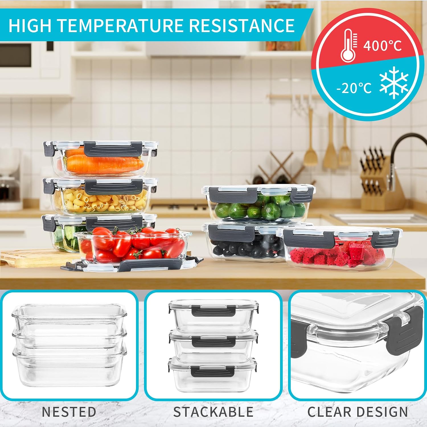Skroam 10 Pack Glass Meal Prep Containers, 22 OZ Glass Airtight Food Storage Containers with Lids, Pantry Kitchen Storage Containers for Lunch, Food Storage, Meal Prep, Lunch Bento Boxes - Image 4