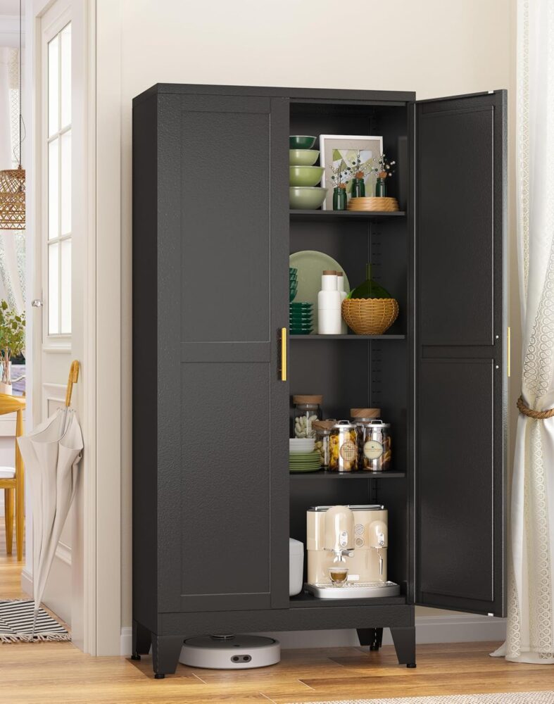GAIOUS Metal Storage Cabinet, Black Pantry Storage Cabinets with 2 Door | and 3 Adjustable Shelves, Kitchen Food Storage Cabinet, Metal Utility Cabinet for Kitchen Laundry Room, Cupboard