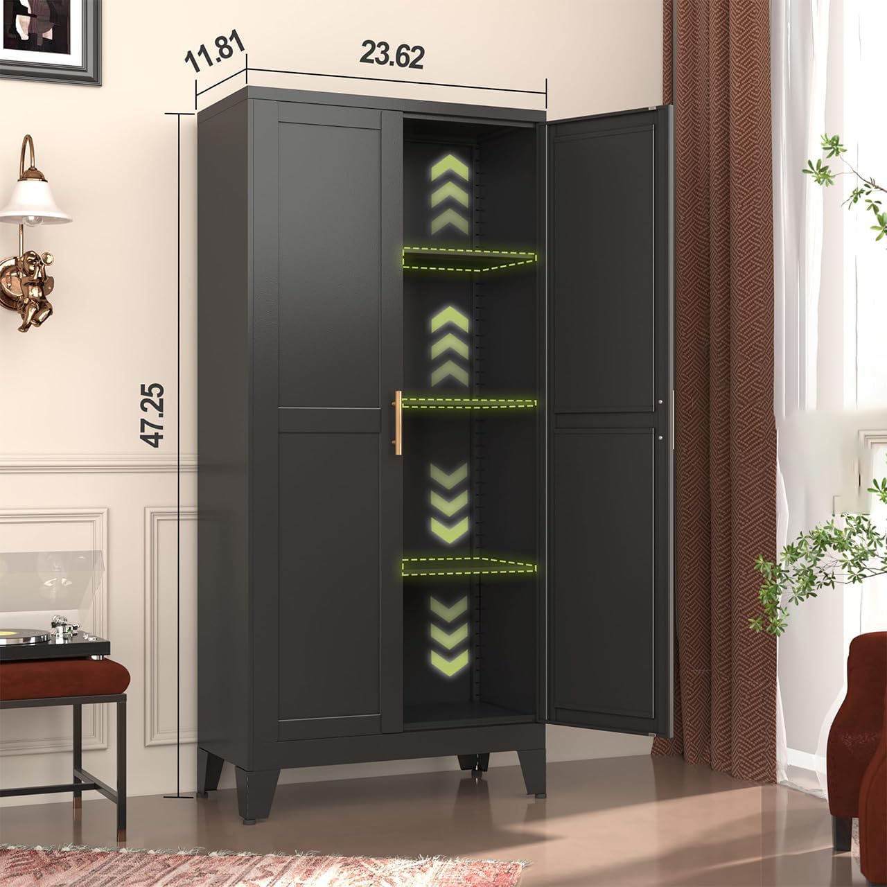 GAIOUS Metal Storage Cabinet, Black Pantry Storage Cabinets with 2 Door | and 3 Adjustable Shelves, Kitchen Food Storage Cabinet, Metal Utility Cabinet for Kitchen Laundry Room, Cupboard - Image 2