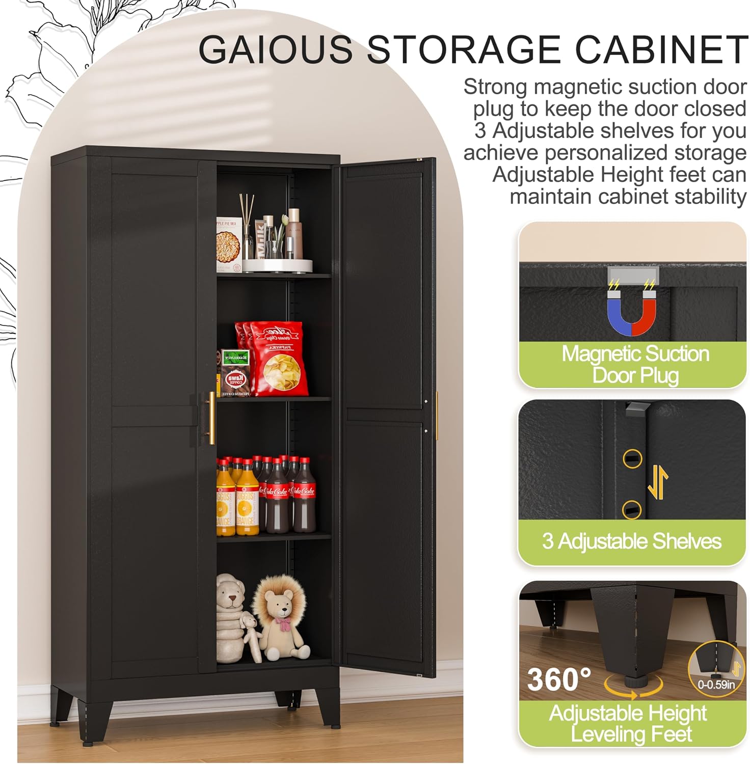 GAIOUS Metal Storage Cabinet, Black Pantry Storage Cabinets with 2 Door | and 3 Adjustable Shelves, Kitchen Food Storage Cabinet, Metal Utility Cabinet for Kitchen Laundry Room, Cupboard - Image 3