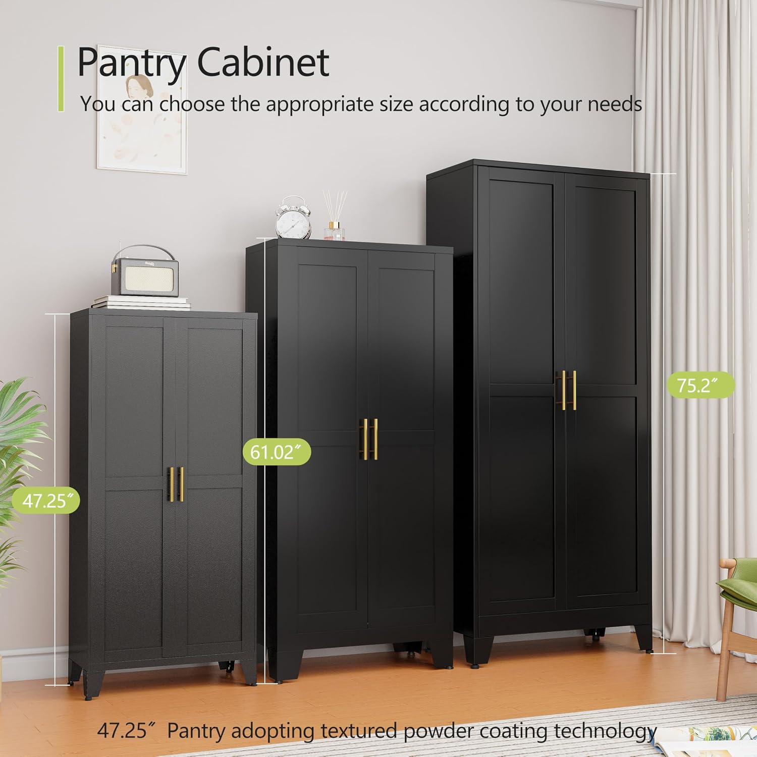 GAIOUS Metal Storage Cabinet, Black Pantry Storage Cabinets with 2 Door | and 3 Adjustable Shelves, Kitchen Food Storage Cabinet, Metal Utility Cabinet for Kitchen Laundry Room, Cupboard - Image 4