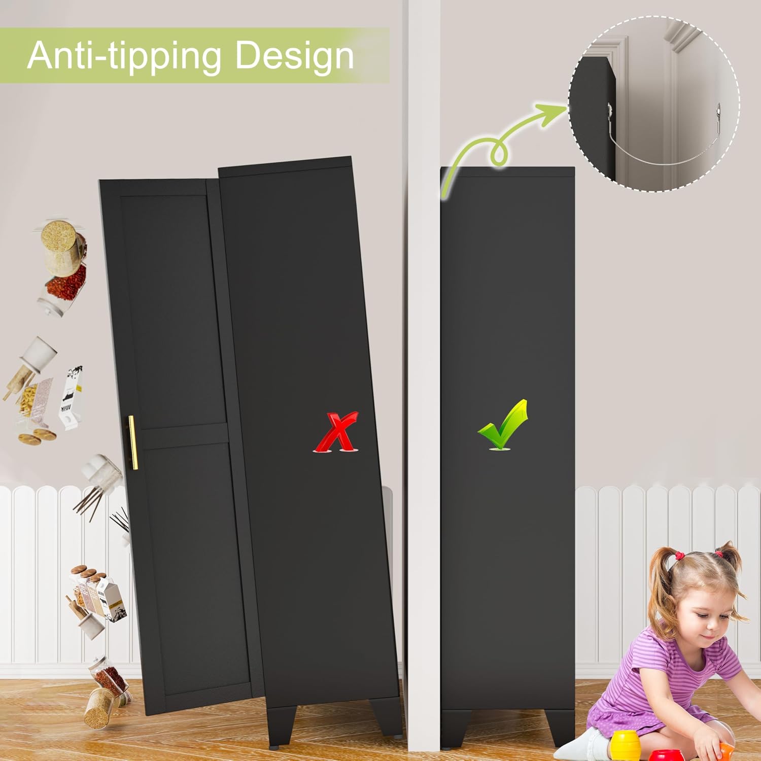 GAIOUS Metal Storage Cabinet, Black Pantry Storage Cabinets with 2 Door | and 3 Adjustable Shelves, Kitchen Food Storage Cabinet, Metal Utility Cabinet for Kitchen Laundry Room, Cupboard - Image 6