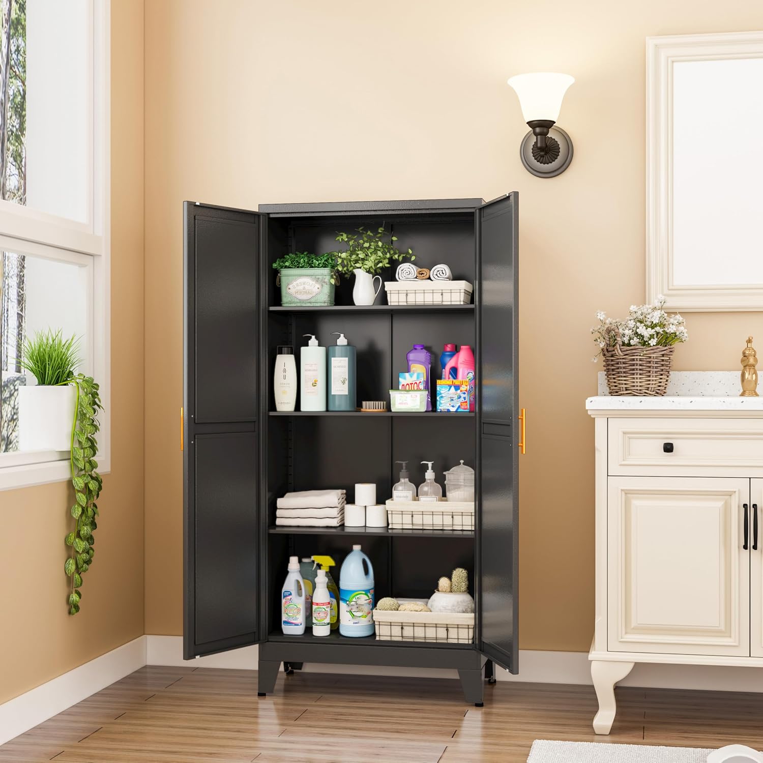 GAIOUS Metal Storage Cabinet, Black Pantry Storage Cabinets with 2 Door | and 3 Adjustable Shelves, Kitchen Food Storage Cabinet, Metal Utility Cabinet for Kitchen Laundry Room, Cupboard - Image 7