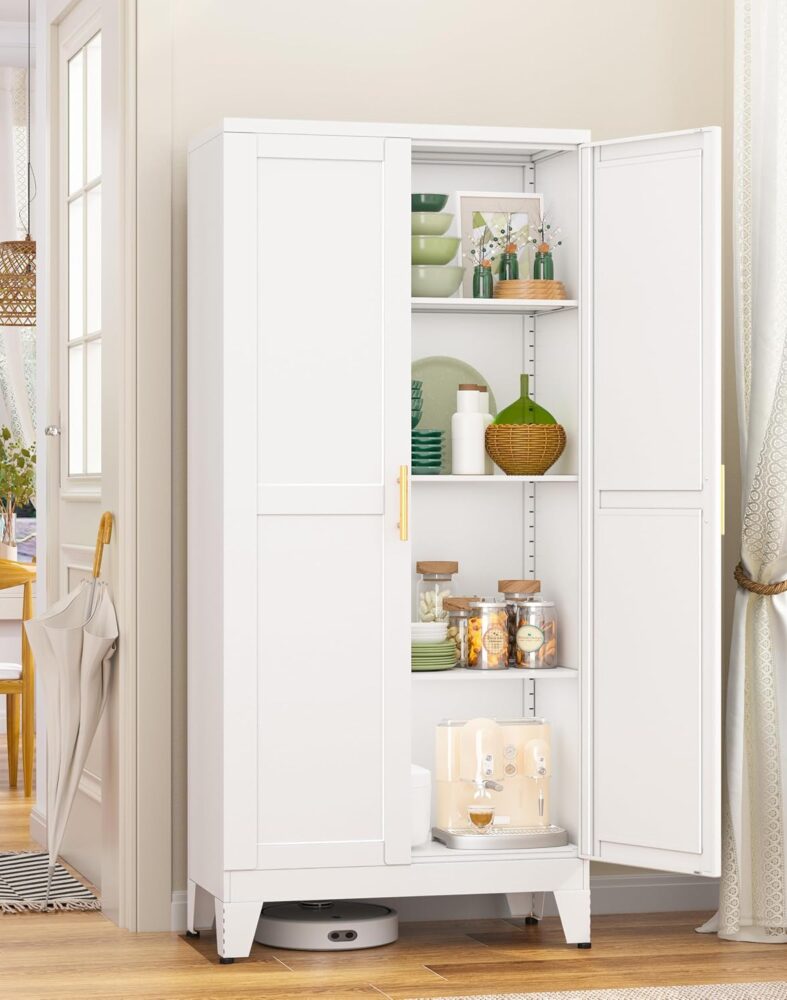 GAIOUS Metal Pantry Cabinet, Kitchen Pantry Storage Cabinets with 2 Door | and 3 Adjustable Shelves, White Kitchen Pantry Cabinet, Freestanding Cupboard for Dining Room Living Room Bathroom