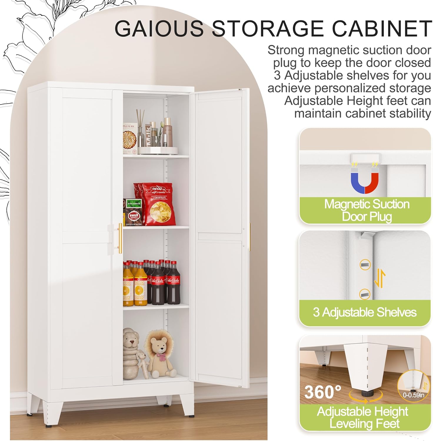 GAIOUS Metal Pantry Cabinet, Kitchen Pantry Storage Cabinets with 2 Door | and 3 Adjustable Shelves, White Kitchen Pantry Cabinet, Freestanding Cupboard for Dining Room Living Room Bathroom - Image 3