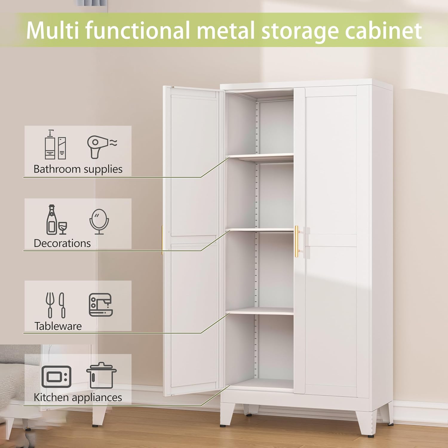 GAIOUS Metal Pantry Cabinet, Kitchen Pantry Storage Cabinets with 2 Door | and 3 Adjustable Shelves, White Kitchen Pantry Cabinet, Freestanding Cupboard for Dining Room Living Room Bathroom - Image 4