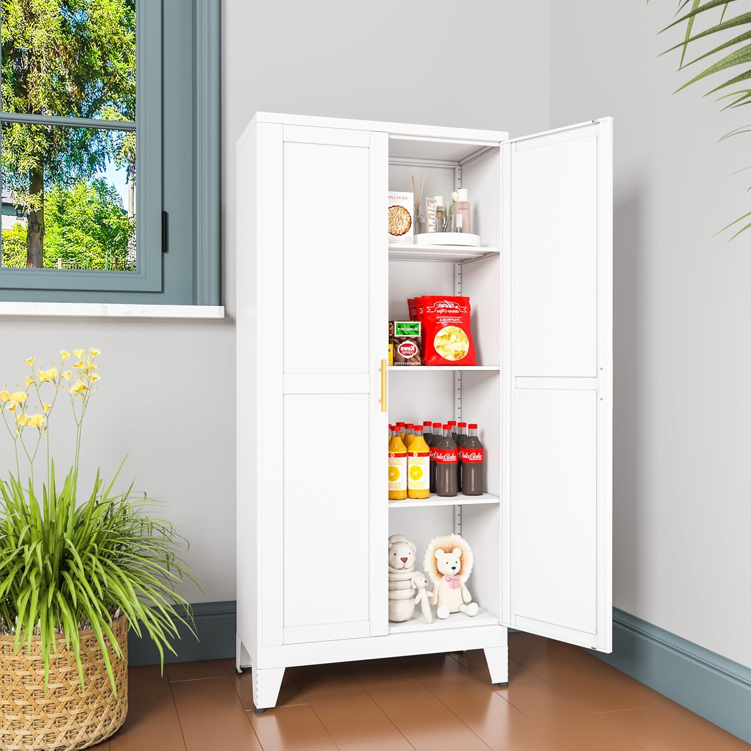 GAIOUS Metal Pantry Cabinet, Kitchen Pantry Storage Cabinets with 2 Door | and 3 Adjustable Shelves, White Kitchen Pantry Cabinet, Freestanding Cupboard for Dining Room Living Room Bathroom - Image 5