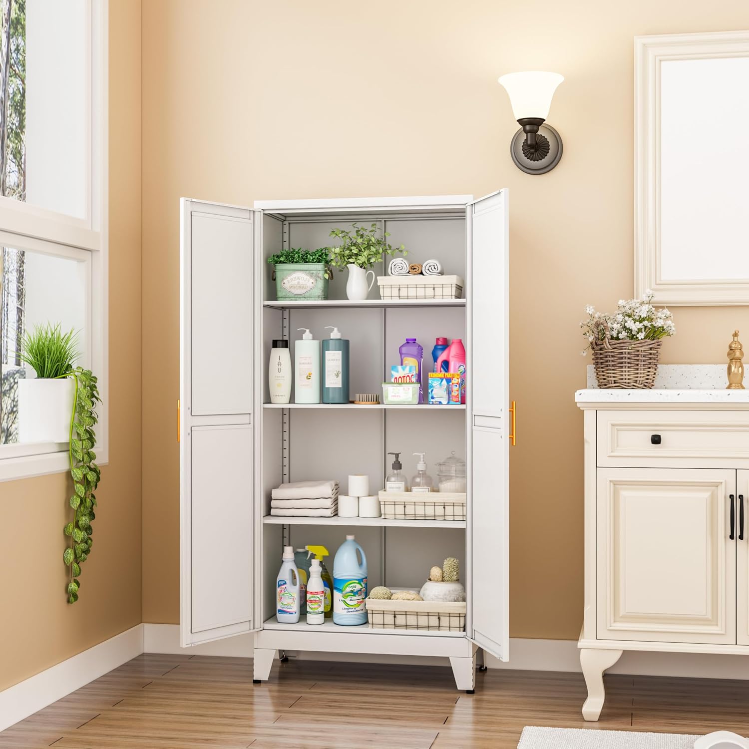 GAIOUS Metal Pantry Cabinet, Kitchen Pantry Storage Cabinets with 2 Door | and 3 Adjustable Shelves, White Kitchen Pantry Cabinet, Freestanding Cupboard for Dining Room Living Room Bathroom - Image 6