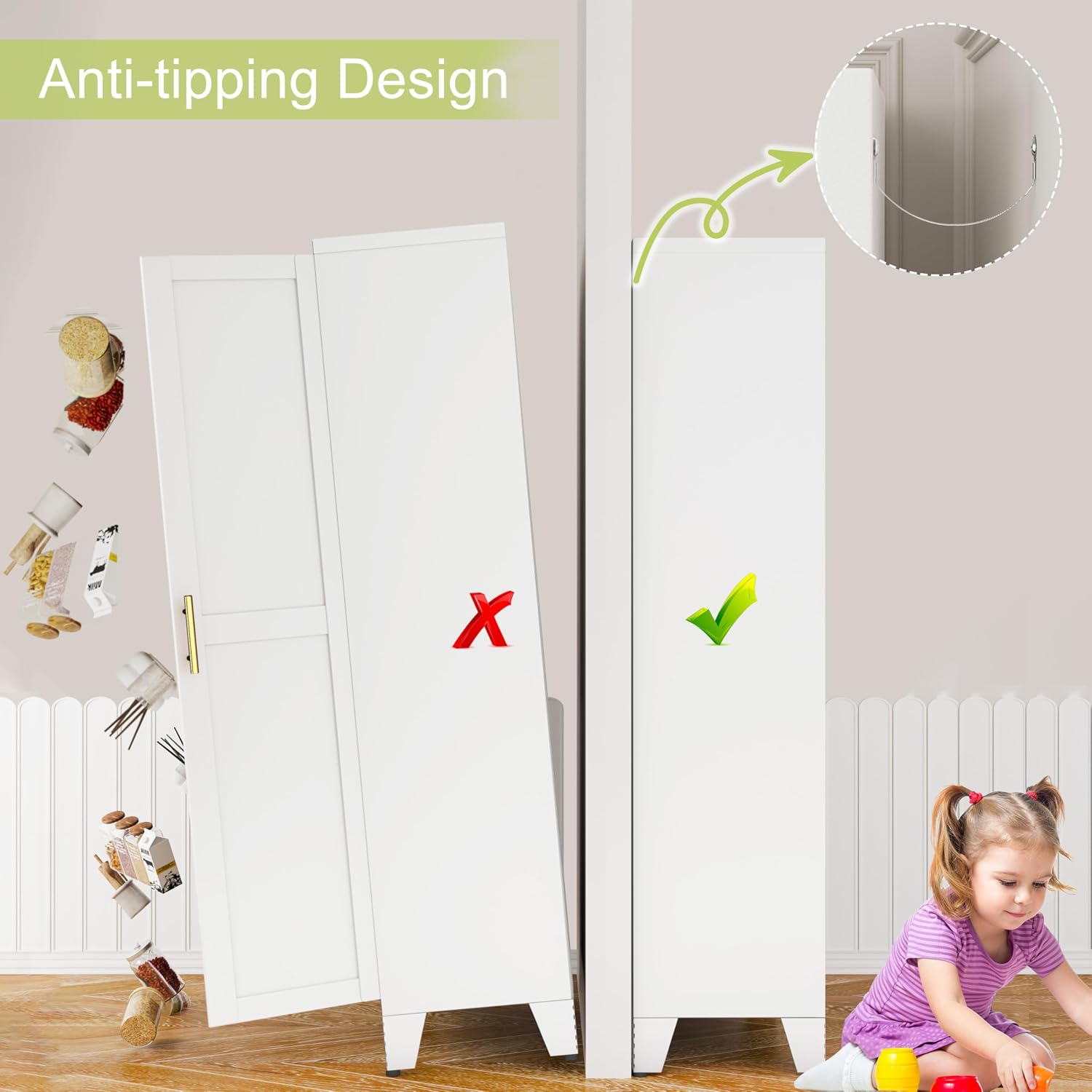 GAIOUS Metal Pantry Cabinet, Kitchen Pantry Storage Cabinets with 2 Door | and 3 Adjustable Shelves, White Kitchen Pantry Cabinet, Freestanding Cupboard for Dining Room Living Room Bathroom - Image 7