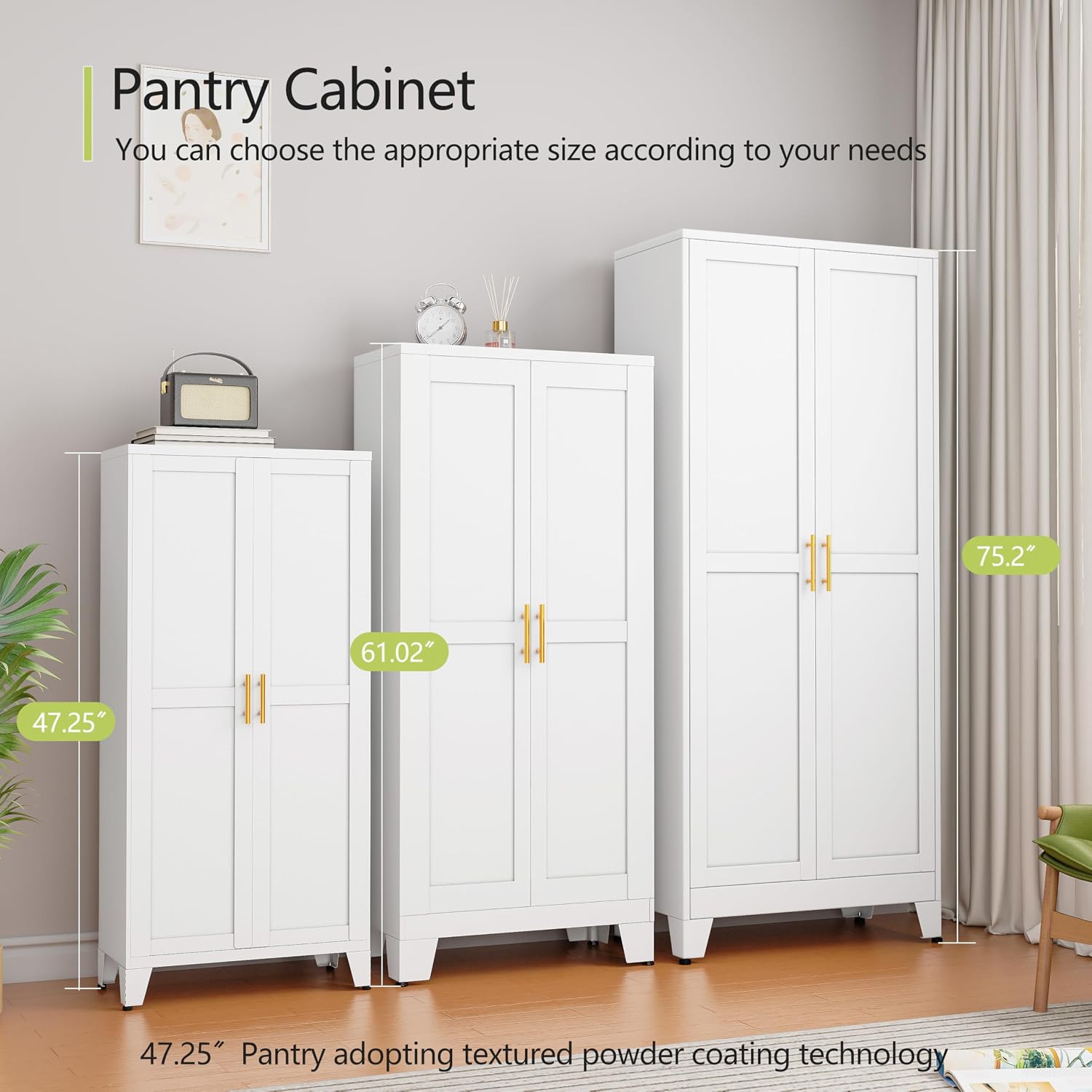 GAIOUS Metal Pantry Cabinet, Kitchen Pantry Storage Cabinets with 2 Door | and 3 Adjustable Shelves, White Kitchen Pantry Cabinet, Freestanding Cupboard for Dining Room Living Room Bathroom - Image 9