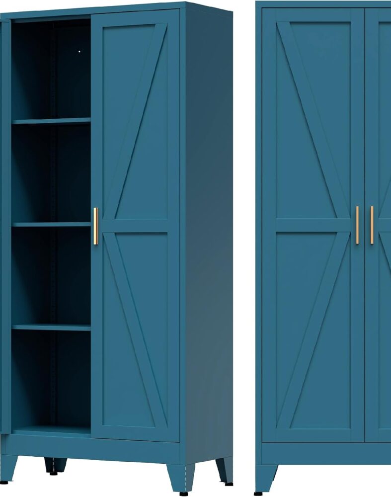 COFaR Home Farmhouse Storage Cabinet with 2 Barn Door, 61" H Metal Cabinet | Tall Kitchen Pantry Cupboard with 3 Adjustable Shelves, for Dining Room, Bathroom, Laundry Room, Living Room (Blue Green)