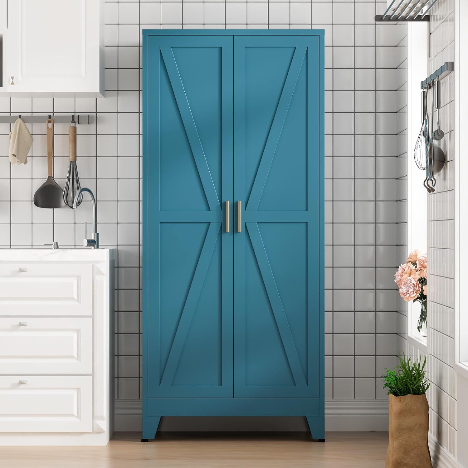COFaR Home Farmhouse Storage Cabinet with 2 Barn Door, 61" H Metal Cabinet | Tall Kitchen Pantry Cupboard with 3 Adjustable Shelves, for Dining Room, Bathroom, Laundry Room, Living Room (Blue Green) - Image 2
