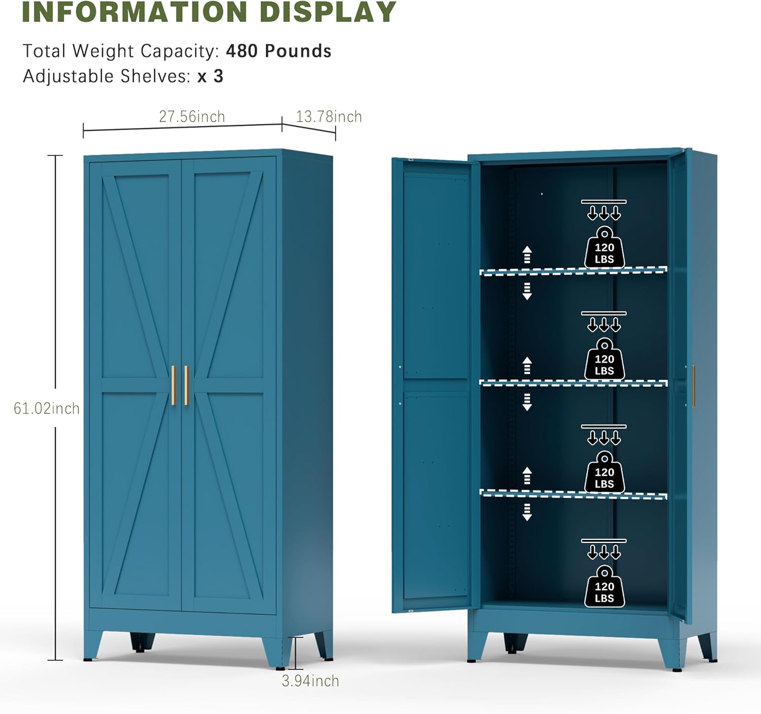 COFaR Home Farmhouse Storage Cabinet with 2 Barn Door, 61" H Metal Cabinet | Tall Kitchen Pantry Cupboard with 3 Adjustable Shelves, for Dining Room, Bathroom, Laundry Room, Living Room (Blue Green) - Image 3