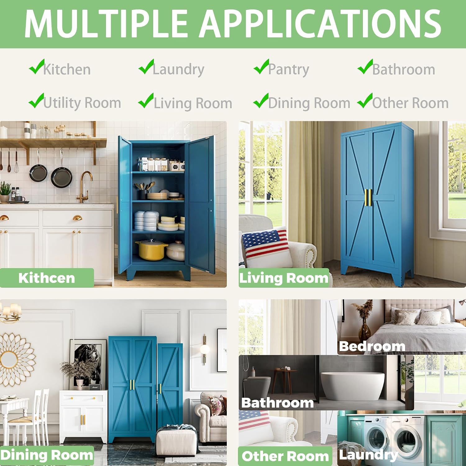 COFaR Home Farmhouse Storage Cabinet with 2 Barn Door, 61" H Metal Cabinet | Tall Kitchen Pantry Cupboard with 3 Adjustable Shelves, for Dining Room, Bathroom, Laundry Room, Living Room (Blue Green) - Image 4