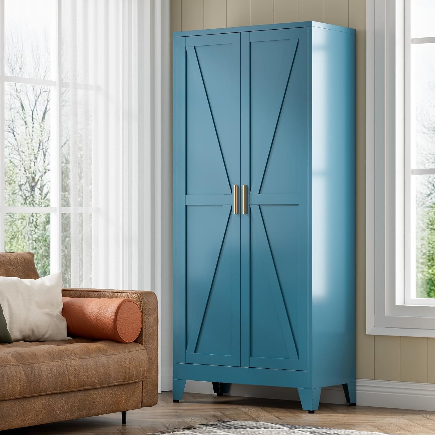 COFaR Home Farmhouse Storage Cabinet with 2 Barn Door, 61" H Metal Cabinet | Tall Kitchen Pantry Cupboard with 3 Adjustable Shelves, for Dining Room, Bathroom, Laundry Room, Living Room (Blue Green) - Image 7