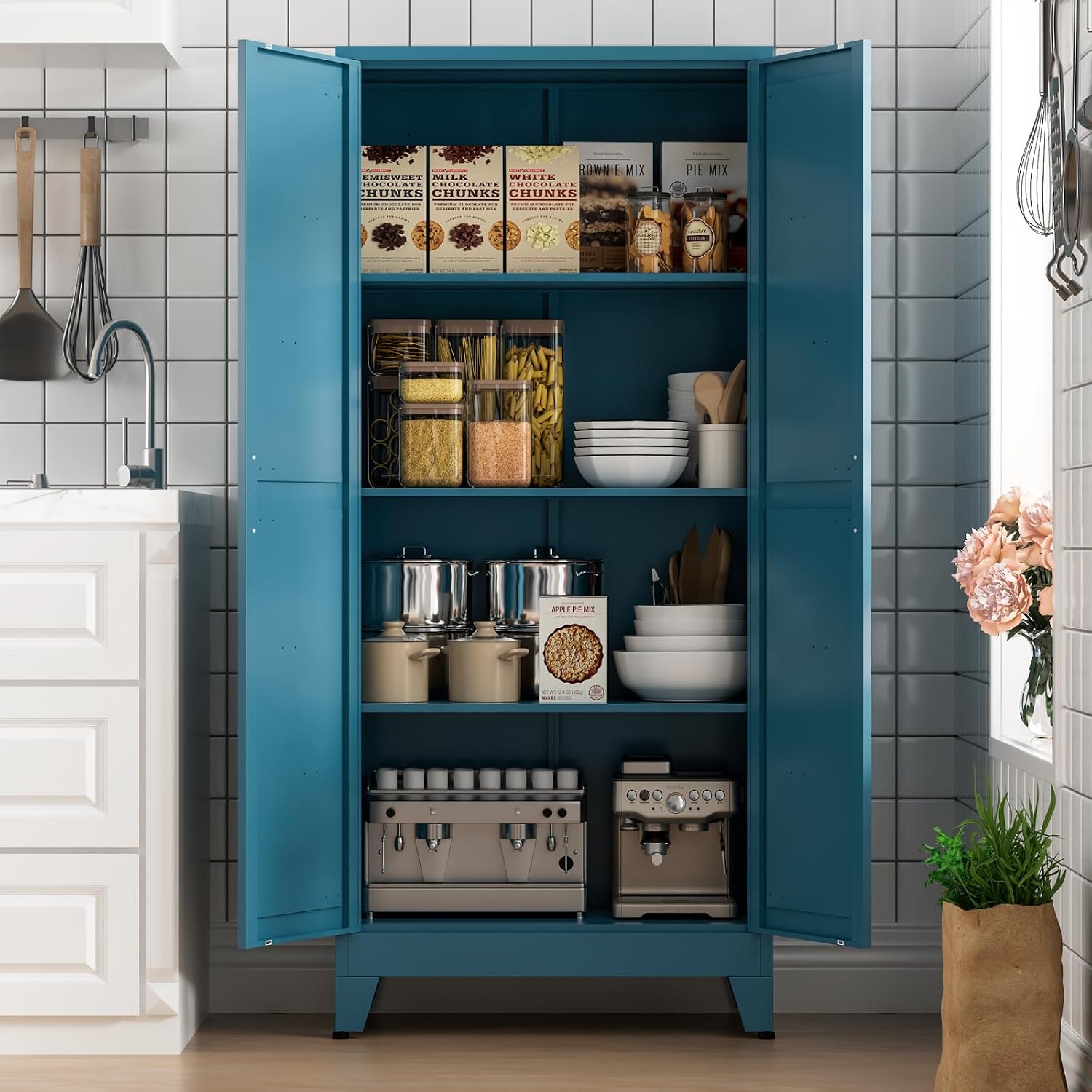 COFaR Home Farmhouse Storage Cabinet with 2 Barn Door, 61" H Metal Cabinet | Tall Kitchen Pantry Cupboard with 3 Adjustable Shelves, for Dining Room, Bathroom, Laundry Room, Living Room (Blue Green) - Image 8