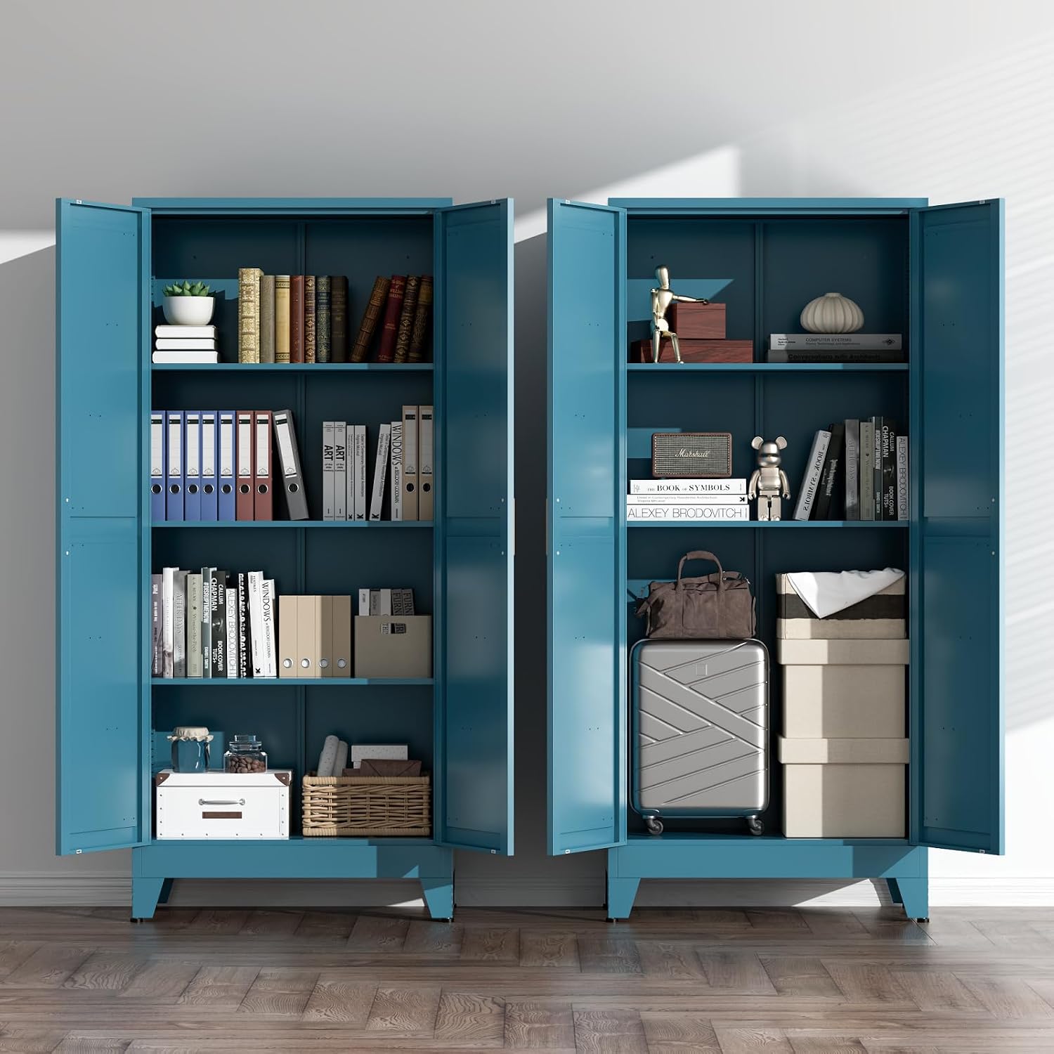 COFaR Home Farmhouse Storage Cabinet with 2 Barn Door, 61" H Metal Cabinet | Tall Kitchen Pantry Cupboard with 3 Adjustable Shelves, for Dining Room, Bathroom, Laundry Room, Living Room (Blue Green) - Image 9