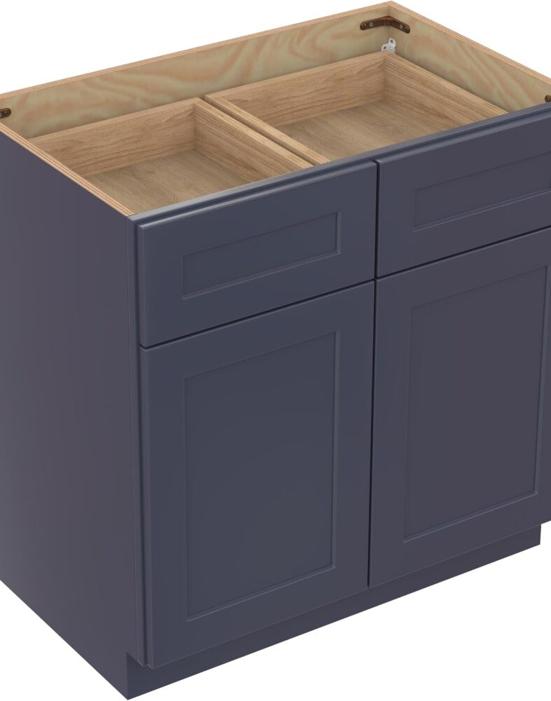 Kitchen Base Cabinets with Drawers, 36" Wide 24 Inch Deep RTA Storage Cabinet with Shaker Doors, Modern Solid Wood Furniture, Easy Assembly for Pantry, Laundry Room, Coffee Bar - Blue