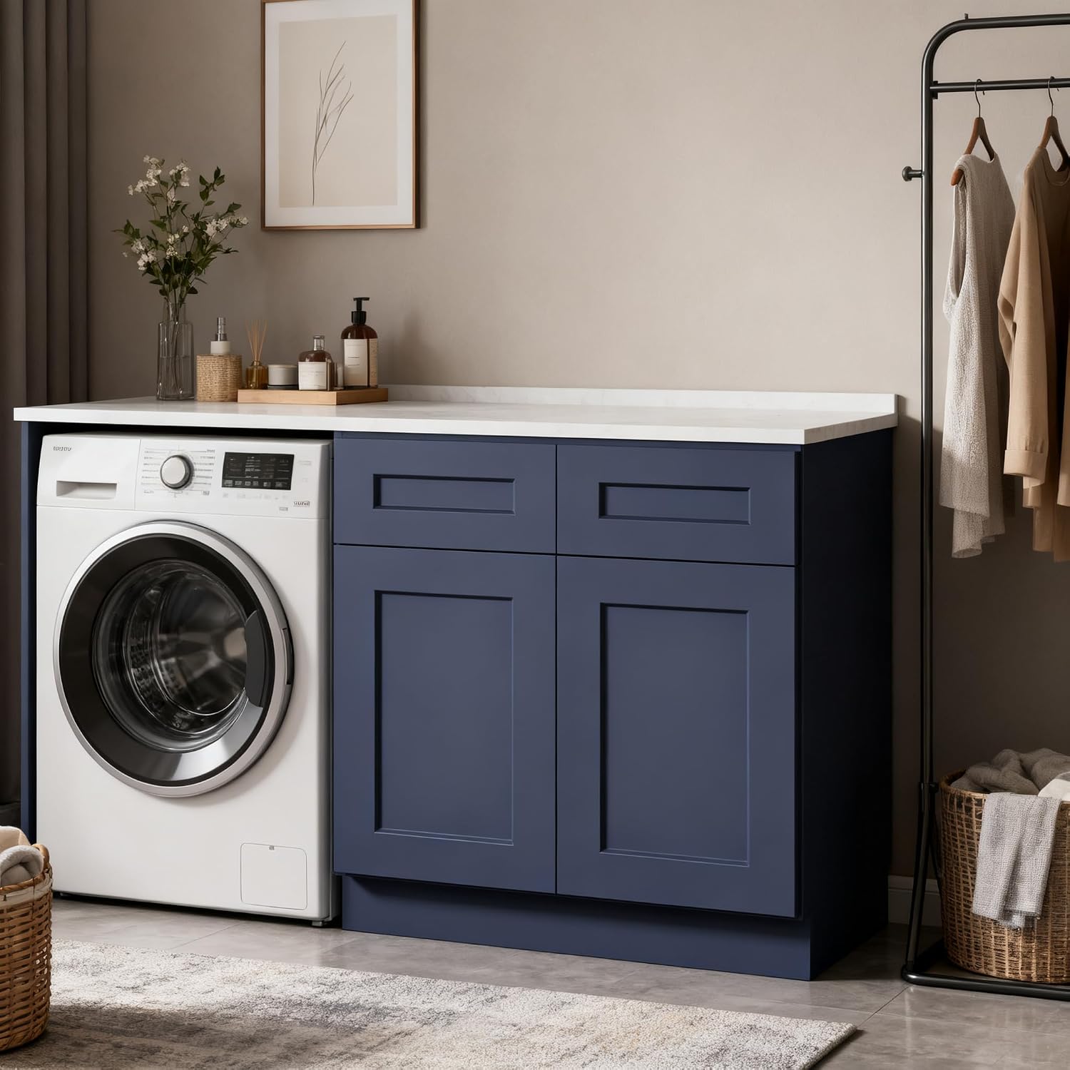 Kitchen Base Cabinets with Drawers, 36" Wide 24 Inch Deep RTA Storage Cabinet with Shaker Doors, Modern Solid Wood Furniture, Easy Assembly for Pantry, Laundry Room, Coffee Bar - Blue - Image 2
