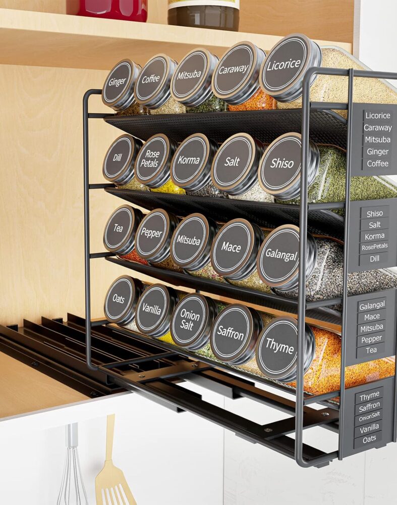 SpaceAid Pull Out Spice Rack Organizer with 20 Jars, Heavy Duty Slide Out Seasoning Organizer for Kitchen Cabinets, with 801 Labels and Chalk Marker, Left Facing